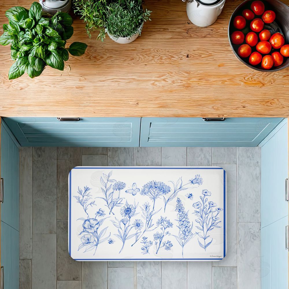Susan Winget Single Blue Flower Sprigs Kitchen Floor Mat