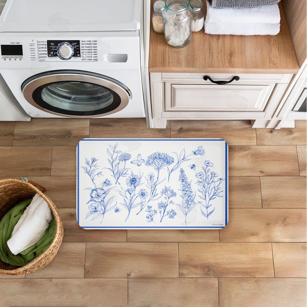 Susan Winget Single Blue Flower Sprigs Kitchen Floor Mat