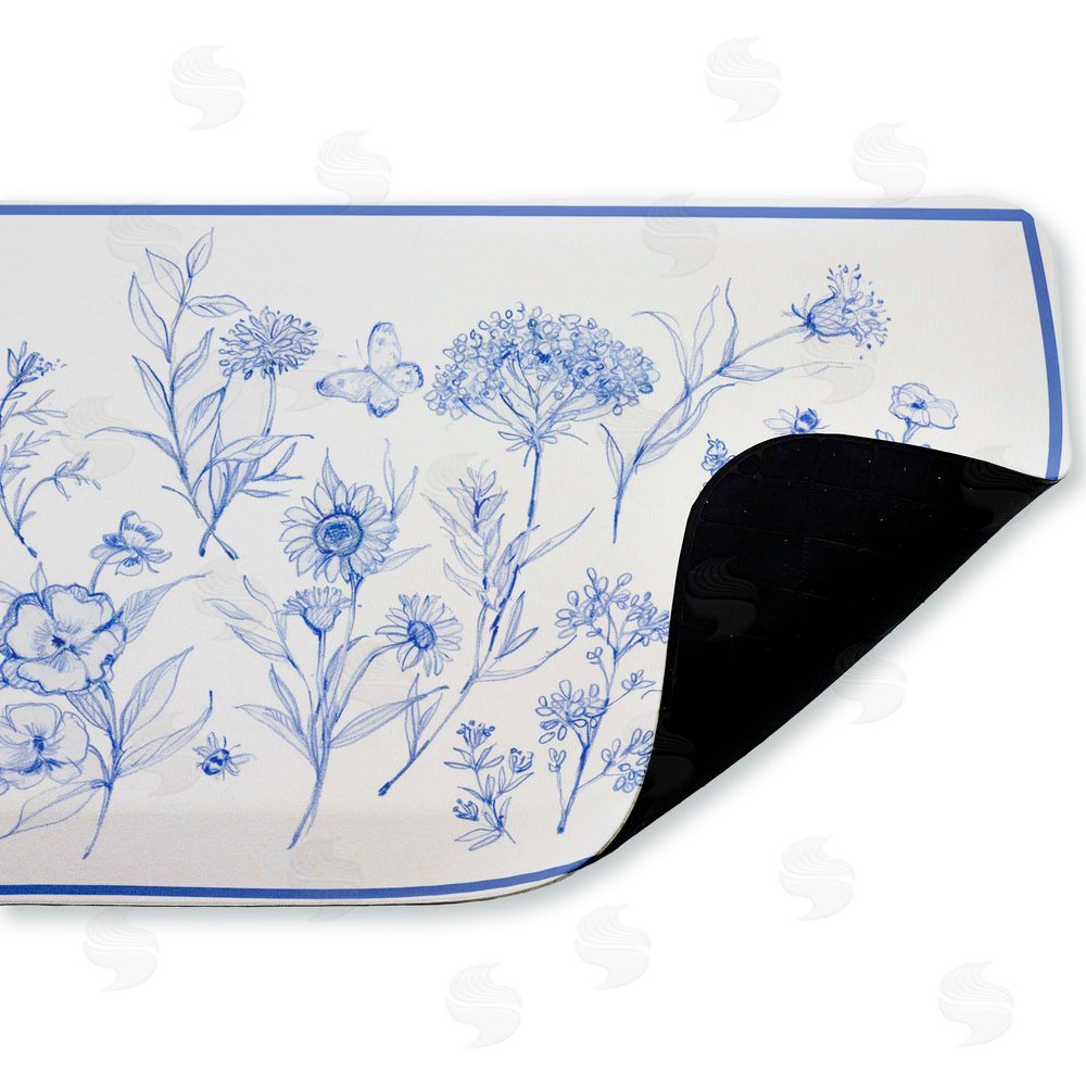 Susan Winget Single Blue Flower Sprigs Kitchen Floor Mat