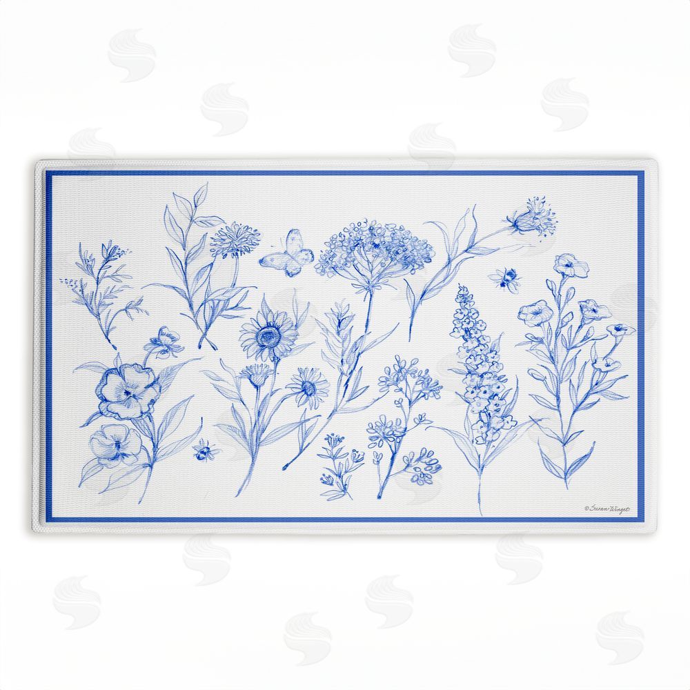 Susan Winget Single Blue Flower Sprigs Plush Bathroom Floor Mat