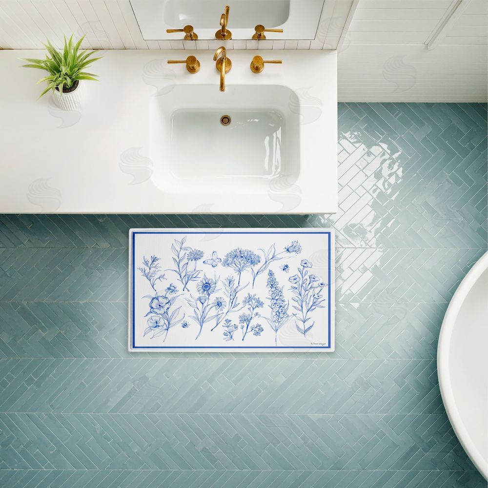 Susan Winget Single Blue Flower Sprigs Plush Bathroom Floor Mat