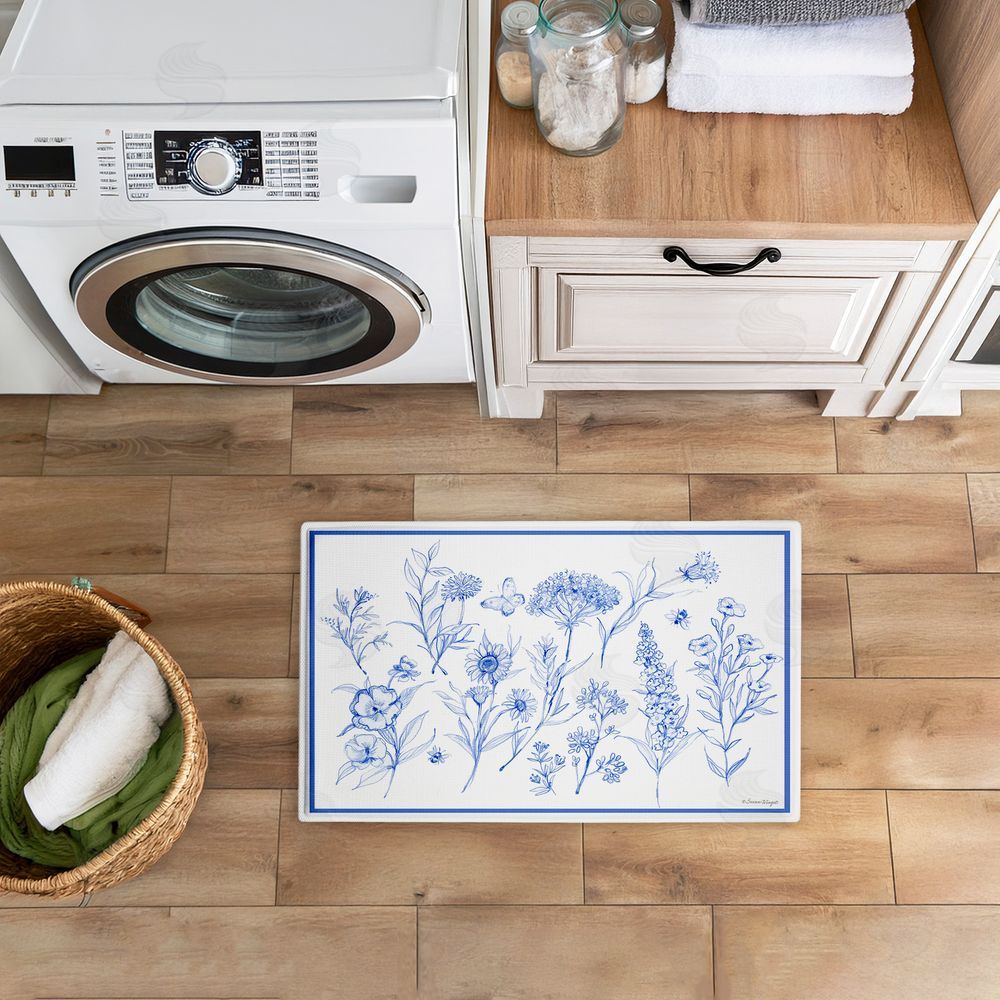 Susan Winget Single Blue Flower Sprigs Plush Bathroom Floor Mat