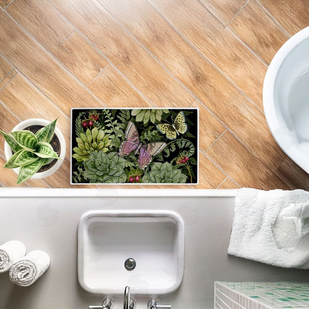 Nicole Tamarin Dark Succulents Midnight Garden Plush Bathroom Floor Mat