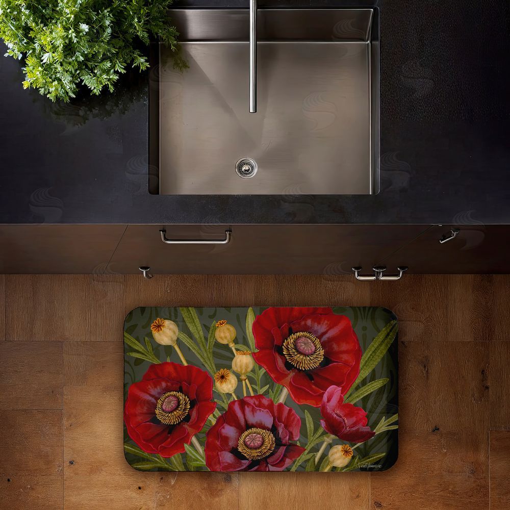 Nicole Tamarin Red Poppy Midnight Garden Kitchen Floor Mat