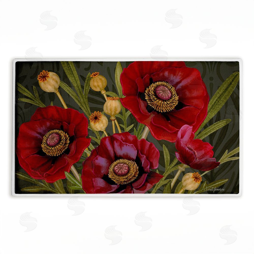 Nicole Tamarin Red Poppy Midnight Garden Plush Bathroom Floor Mat