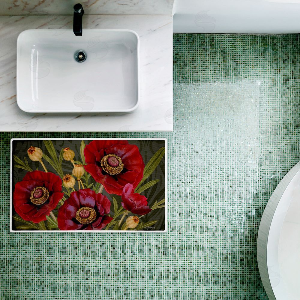 Nicole Tamarin Red Poppy Midnight Garden Plush Bathroom Floor Mat