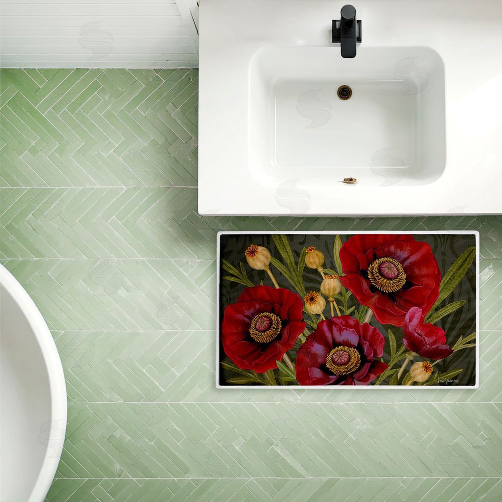Nicole Tamarin Red Poppy Midnight Garden Plush Bathroom Floor Mat