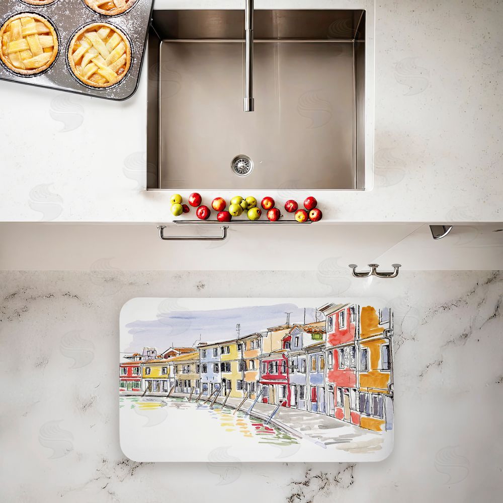 Tim Coffey Quaint Coastal Town Buildings Kitchen Floor Mat