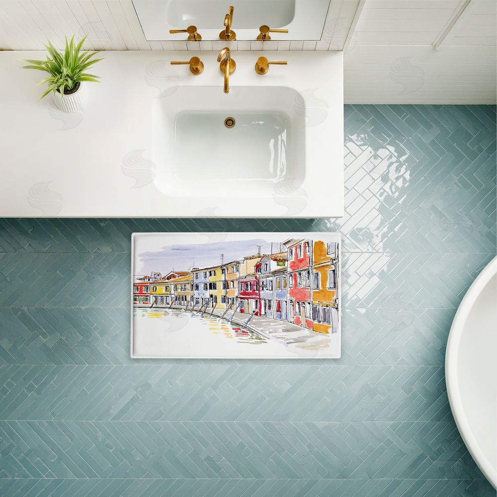 Tim Coffey Quaint Coastal Town Buildings Plush Bathroom Floor Mat