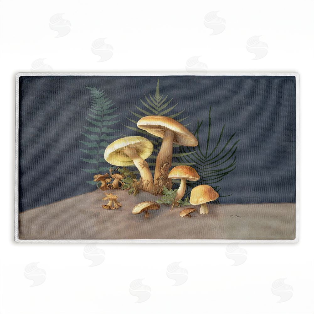 Tim Coffey Mushrooms & Ferns on Blue Plush Bathroom Floor Mat