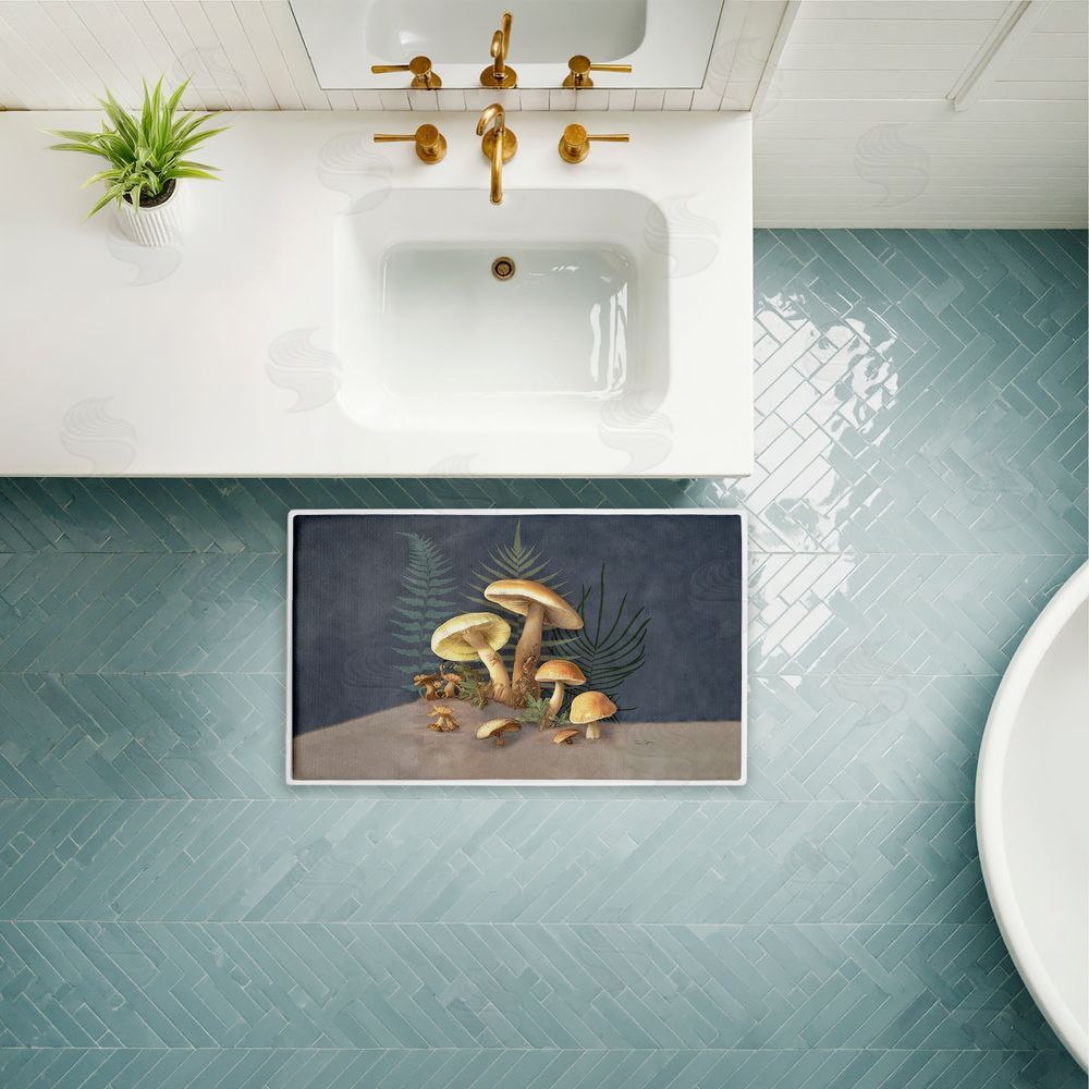 Tim Coffey Mushrooms & Ferns on Blue Plush Bathroom Floor Mat