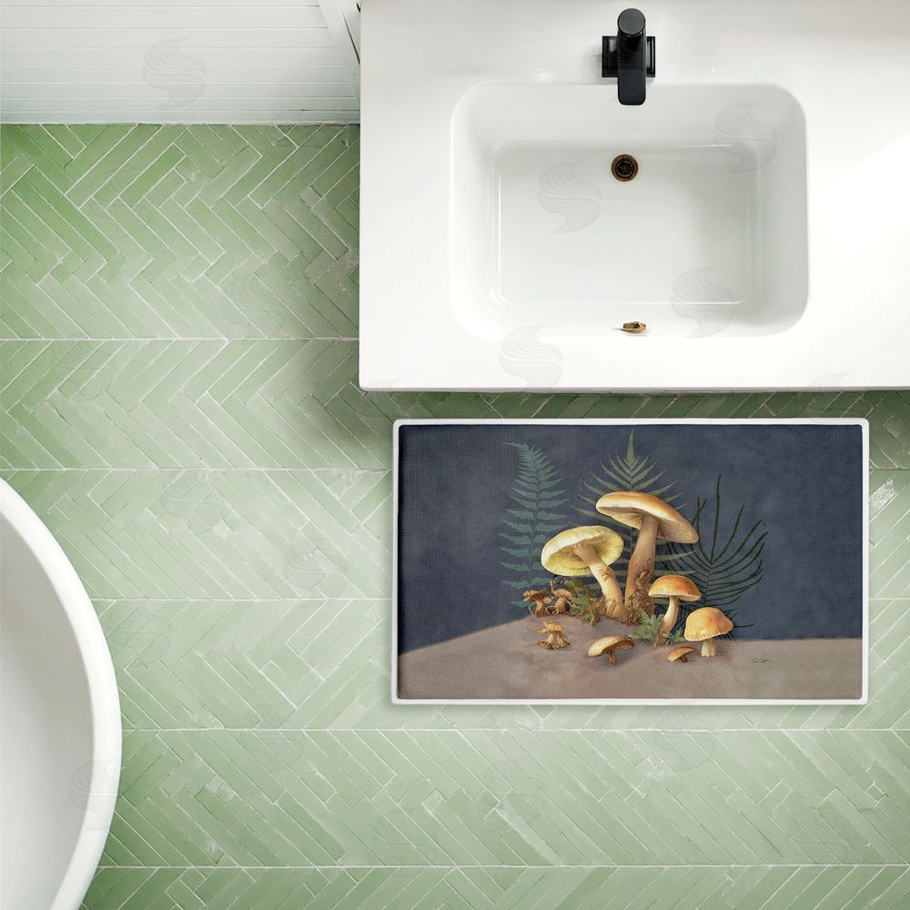 Tim Coffey Mushrooms & Ferns on Blue Plush Bathroom Floor Mat