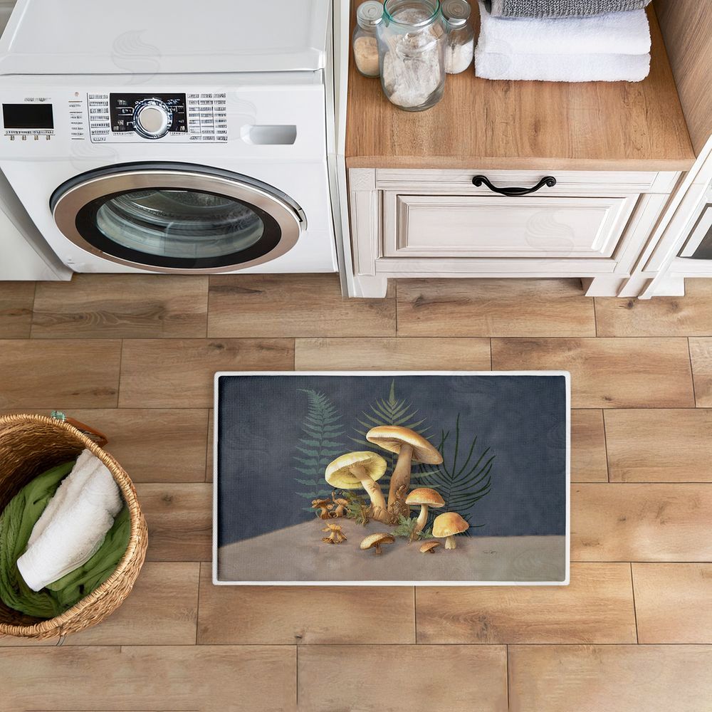 Tim Coffey Mushrooms & Ferns on Blue Plush Bathroom Floor Mat