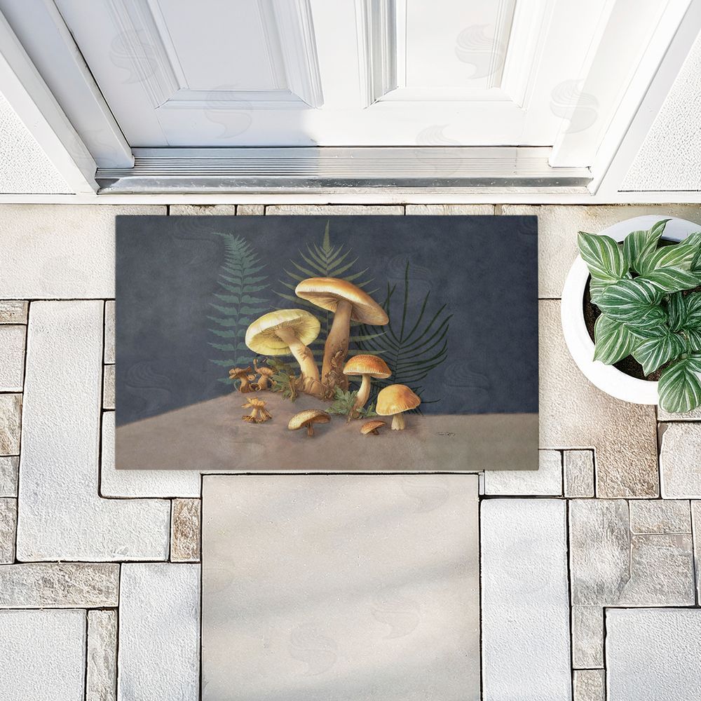 Tim Coffey Mushrooms & Ferns on Blue Unwoven Outdoor Door Mat