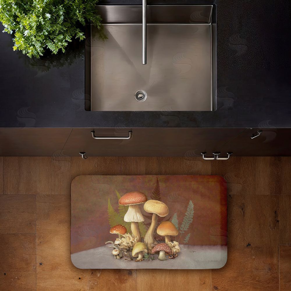 Tim Coffey Mushrooms & Ferns on Brown Kitchen Floor Mat
