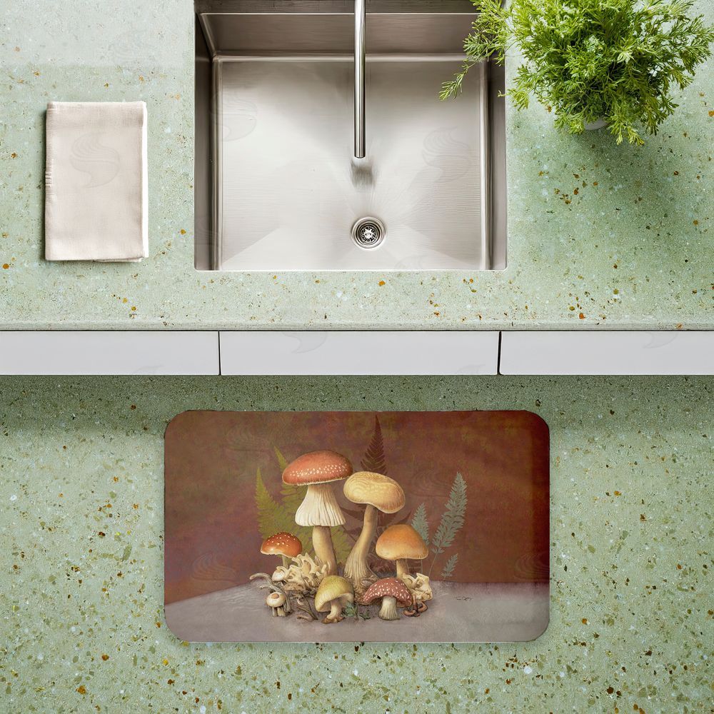 Tim Coffey Mushrooms & Ferns on Brown Kitchen Floor Mat