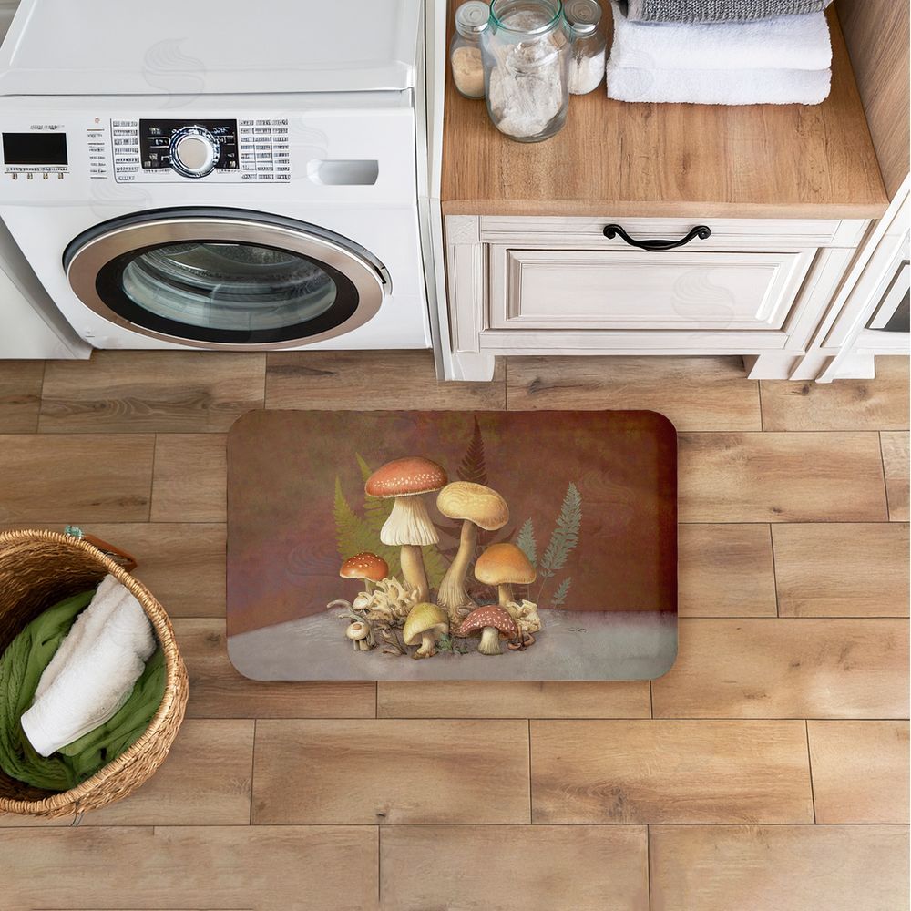 Tim Coffey Mushrooms & Ferns on Brown Kitchen Floor Mat