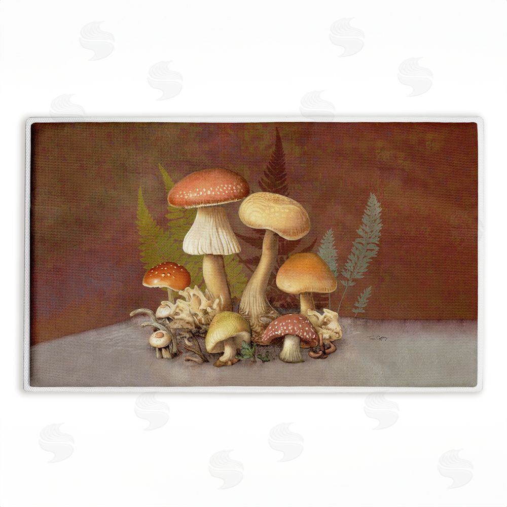 Tim Coffey Mushrooms & Ferns on Brown Plush Bathroom Floor Mat