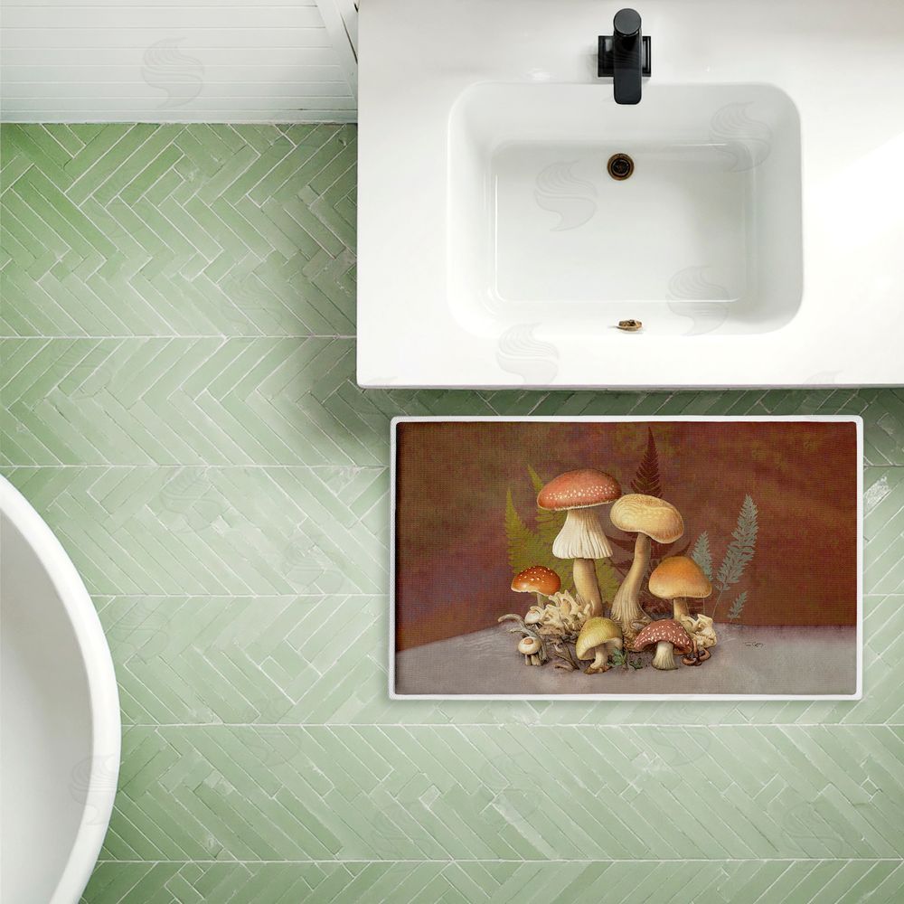 Tim Coffey Mushrooms & Ferns on Brown Plush Bathroom Floor Mat
