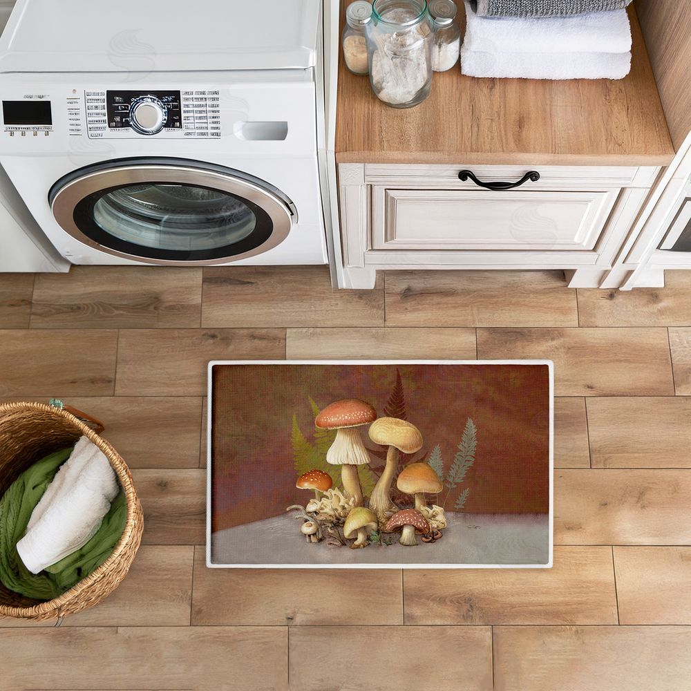 Tim Coffey Mushrooms & Ferns on Brown Plush Bathroom Floor Mat