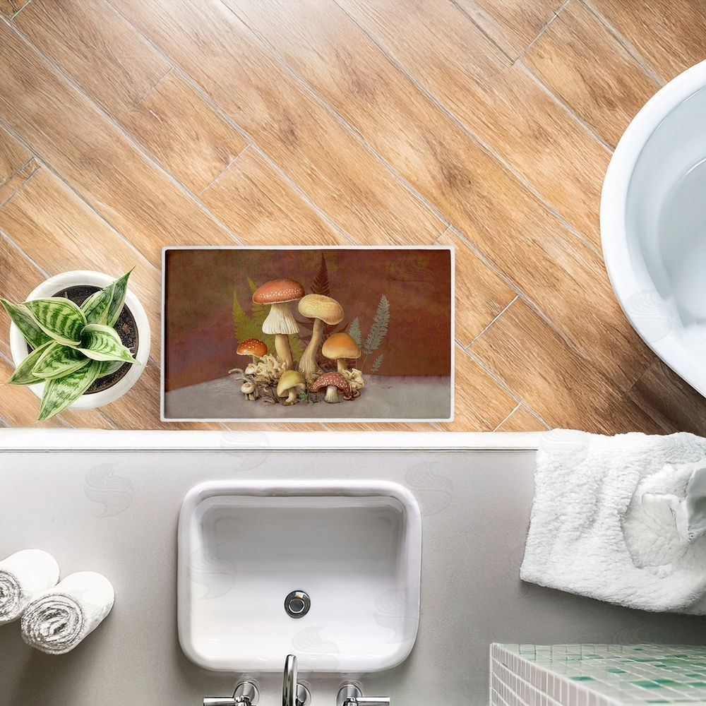 Tim Coffey Mushrooms & Ferns on Brown Plush Bathroom Floor Mat