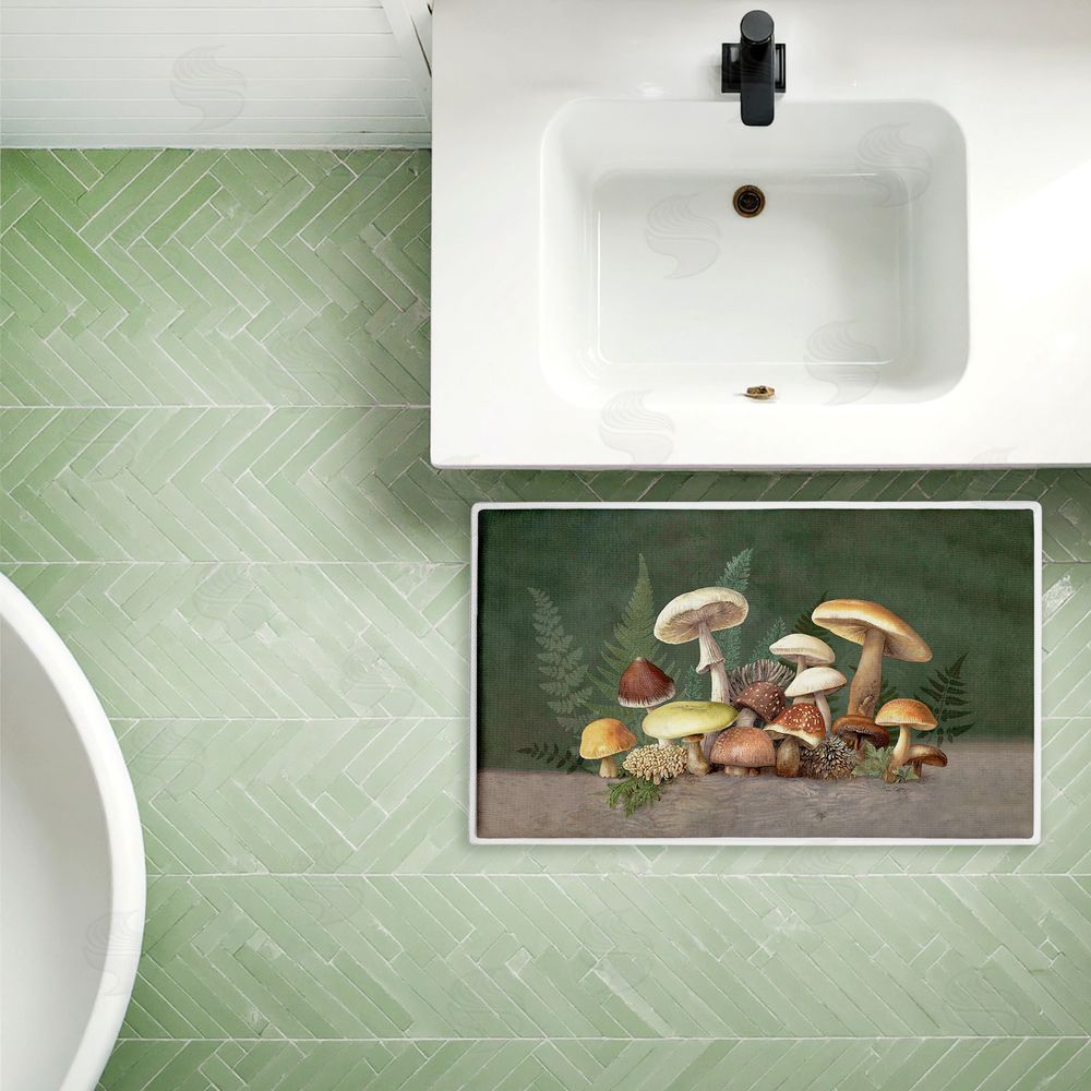Tim Coffey Mushrooms & Ferns on Green Plush Bathroom Floor Mat