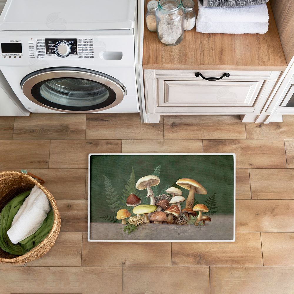 Tim Coffey Mushrooms & Ferns on Green Plush Bathroom Floor Mat