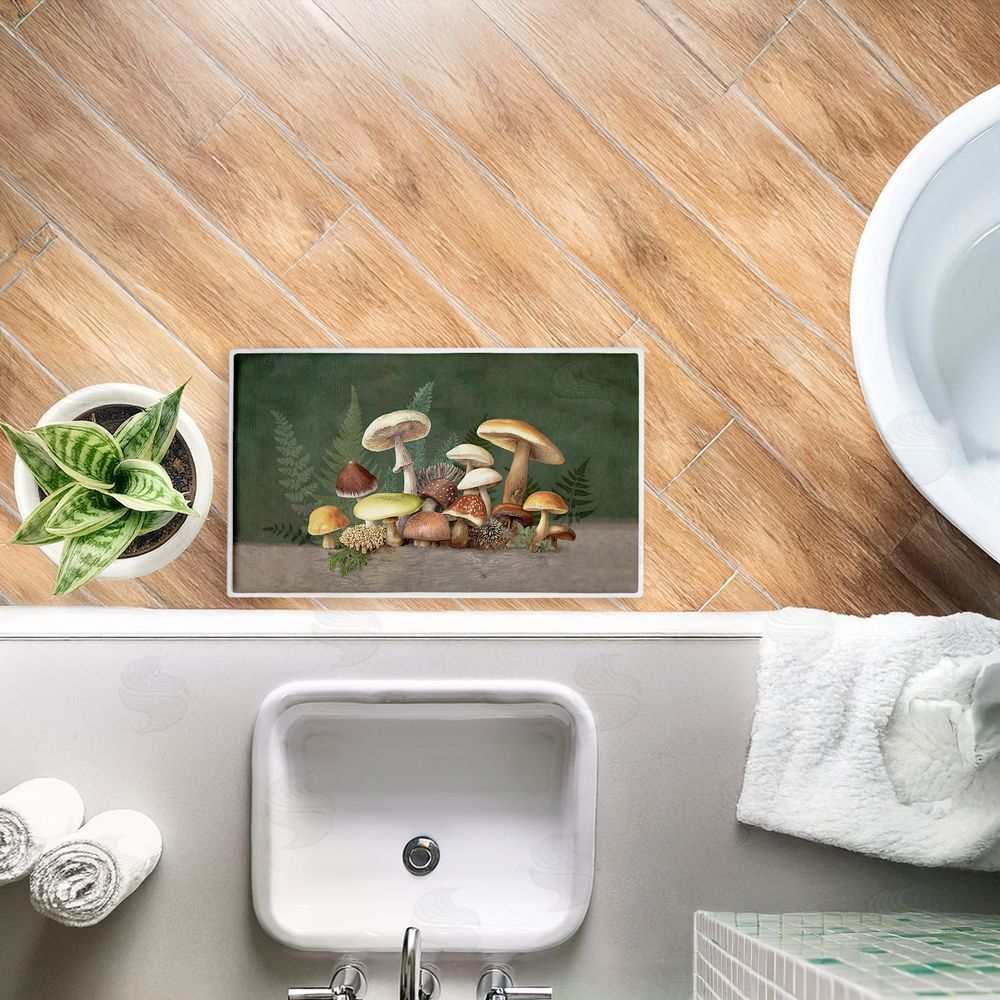 Tim Coffey Mushrooms & Ferns on Green Plush Bathroom Floor Mat