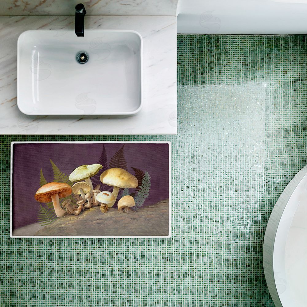 Tim Coffey Mushrooms & Ferns on Purple Plush Bathroom Floor Mat