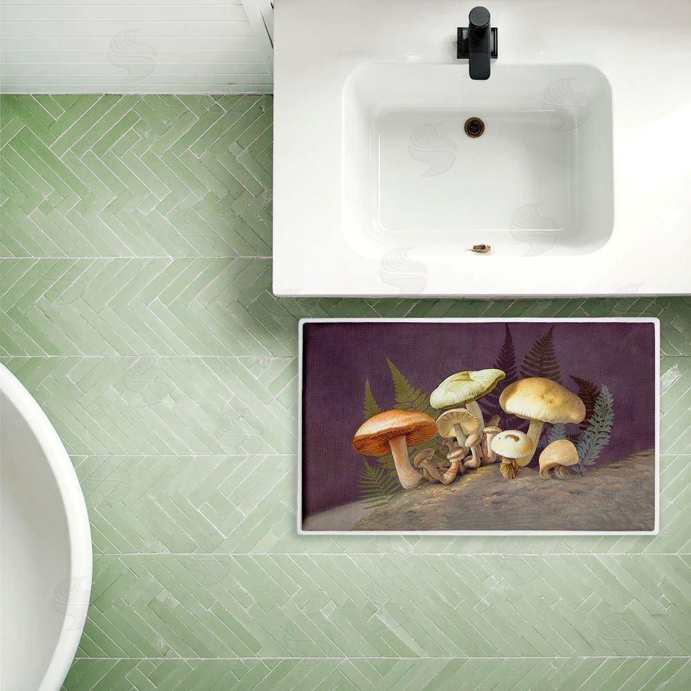 Tim Coffey Mushrooms & Ferns on Purple Plush Bathroom Floor Mat