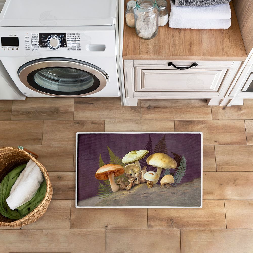 Tim Coffey Mushrooms & Ferns on Purple Plush Bathroom Floor Mat