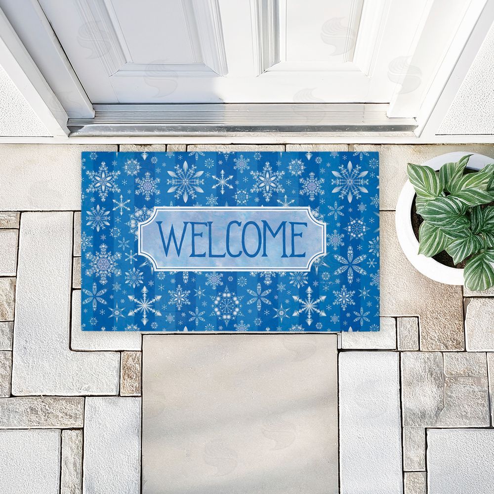 Tim Coffey Welcome Blue Falling Snowflakes Unwoven Outdoor Door Mat