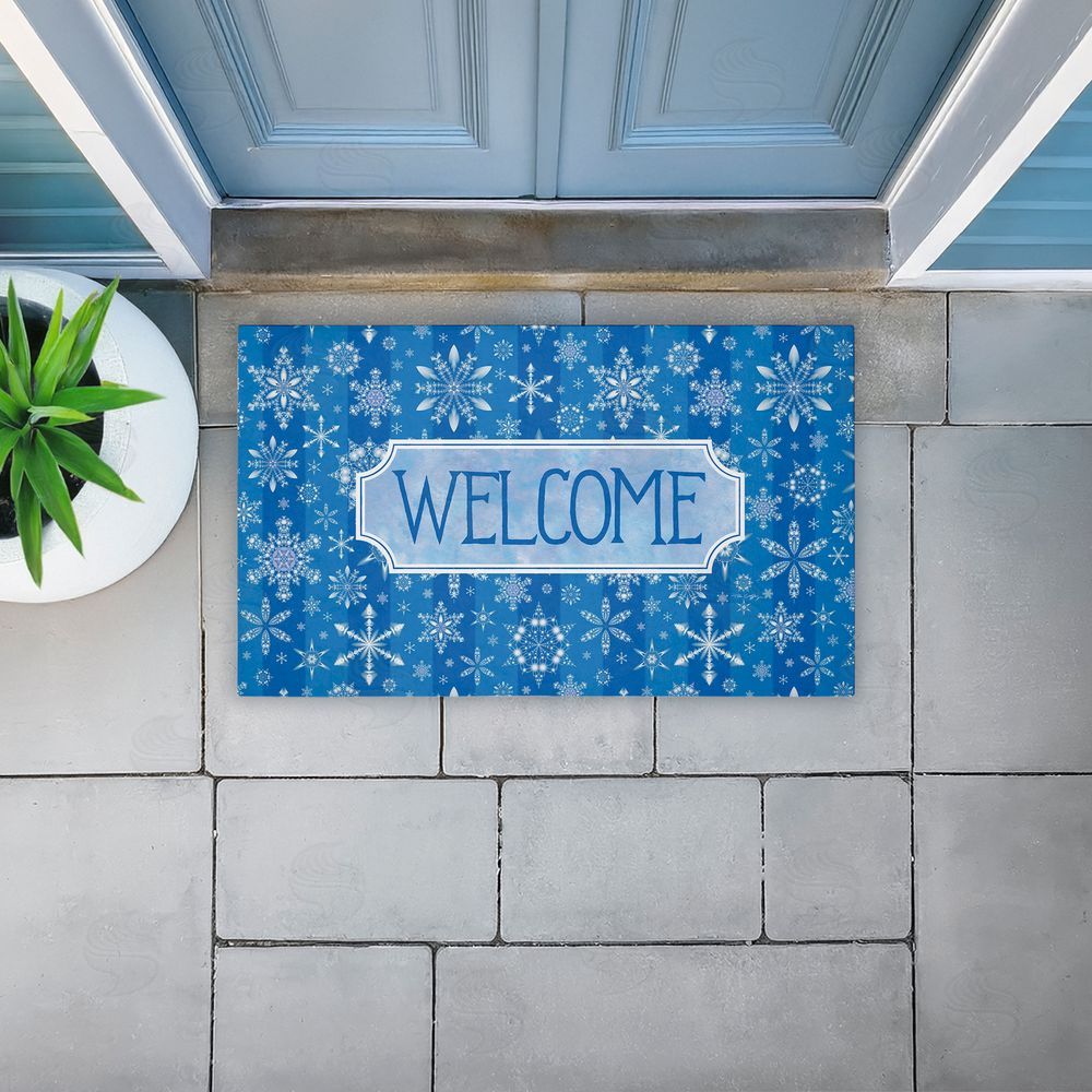 Tim Coffey Welcome Blue Falling Snowflakes Unwoven Outdoor Door Mat