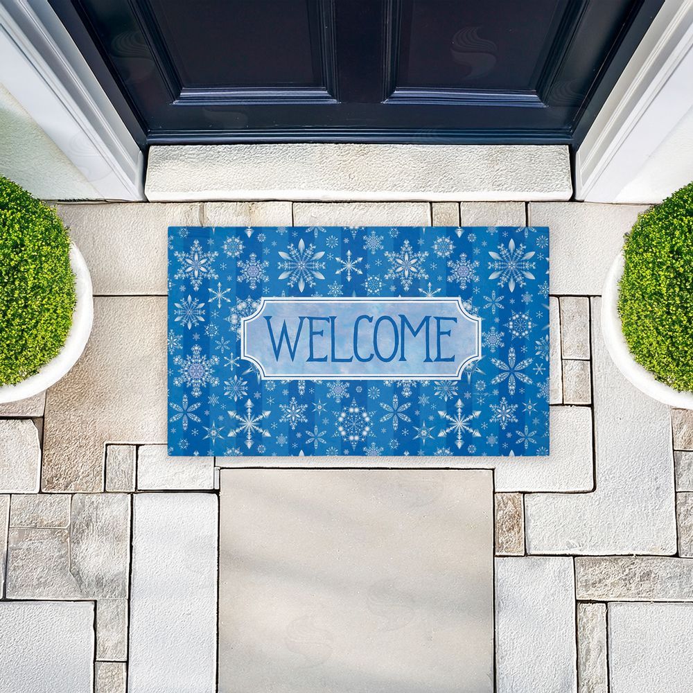 Tim Coffey Welcome Blue Falling Snowflakes Unwoven Outdoor Door Mat