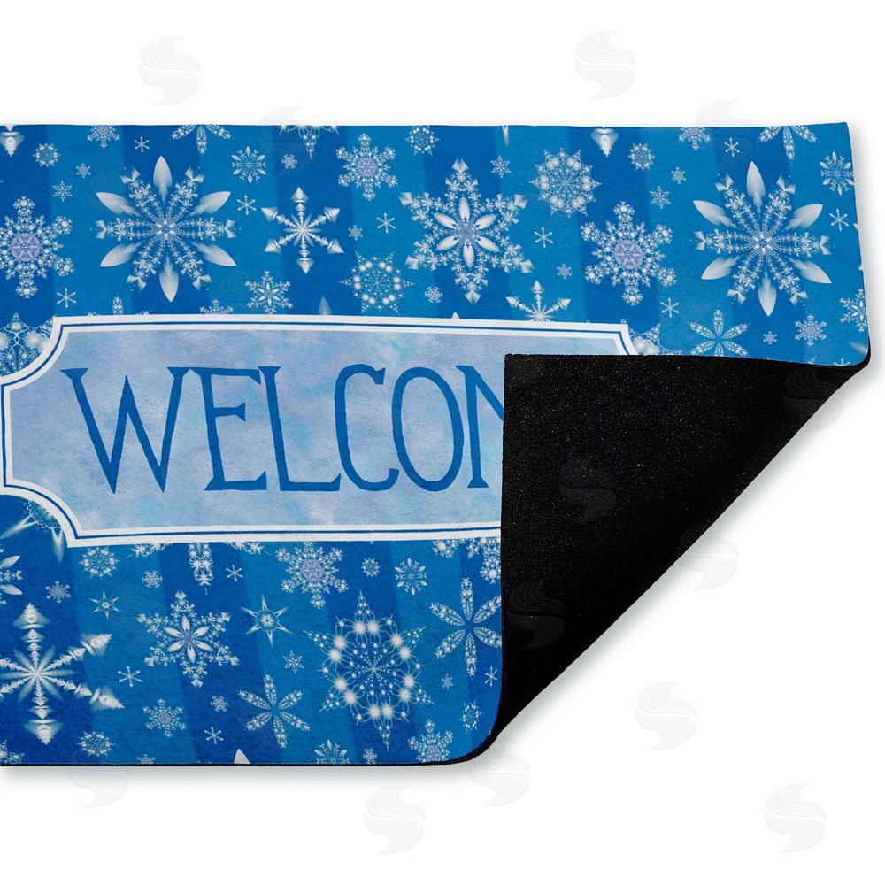 Tim Coffey Welcome Blue Falling Snowflakes Unwoven Outdoor Door Mat