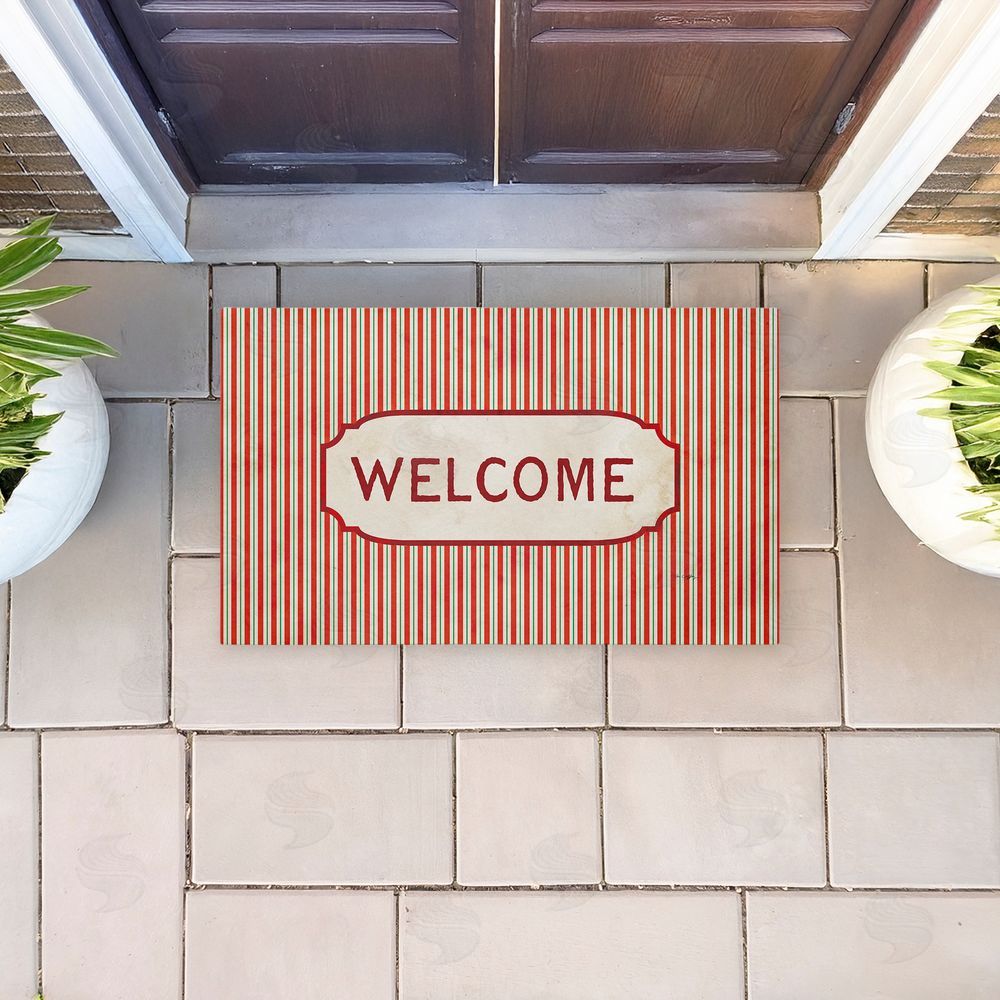 Tim Coffey Red & Green Pinstripes Welcome Unwoven Outdoor Door Mat