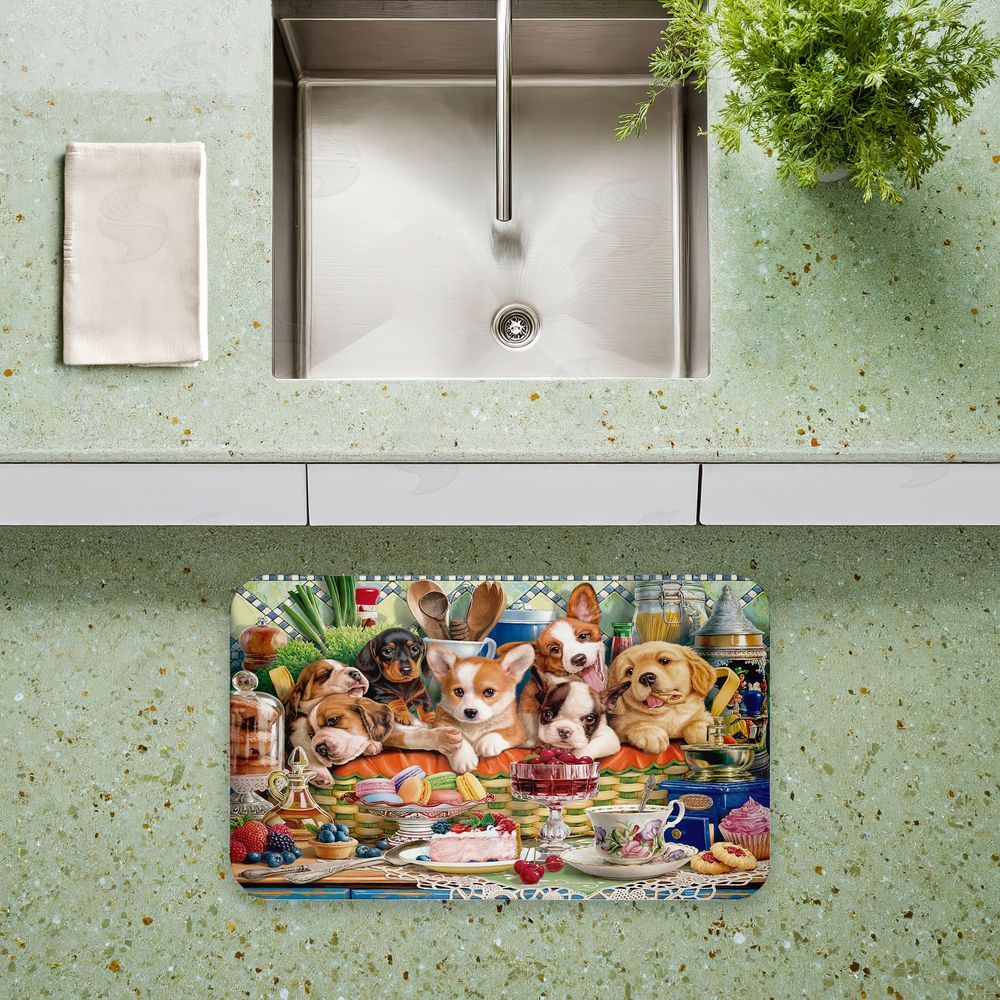 Image World Puppies In Basket Tea Party Kitchen Floor Mat