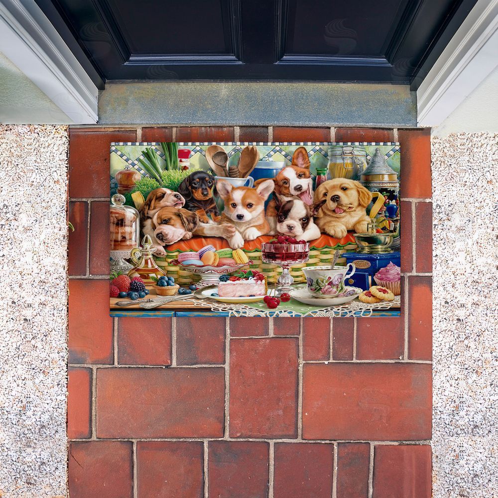 Image World Puppies In Basket Tea Party Unwoven Outdoor Door Mat