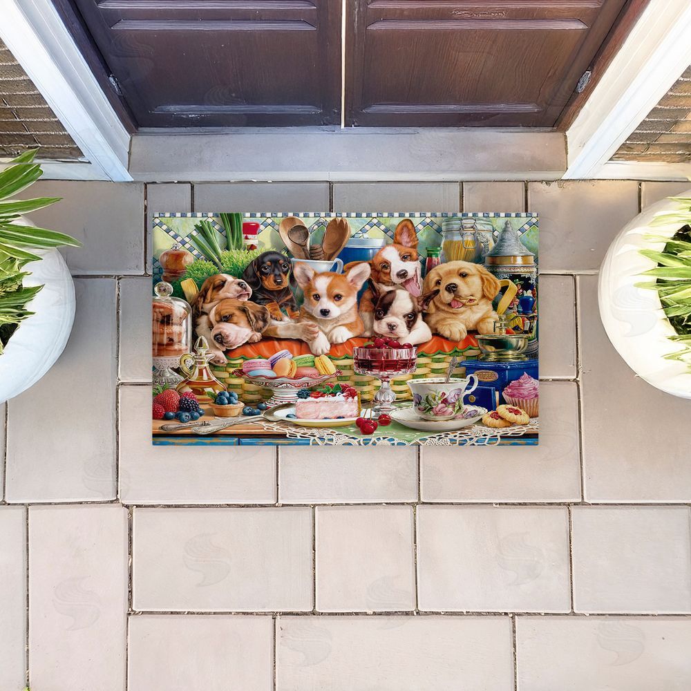 Image World Puppies In Basket Tea Party Unwoven Outdoor Door Mat