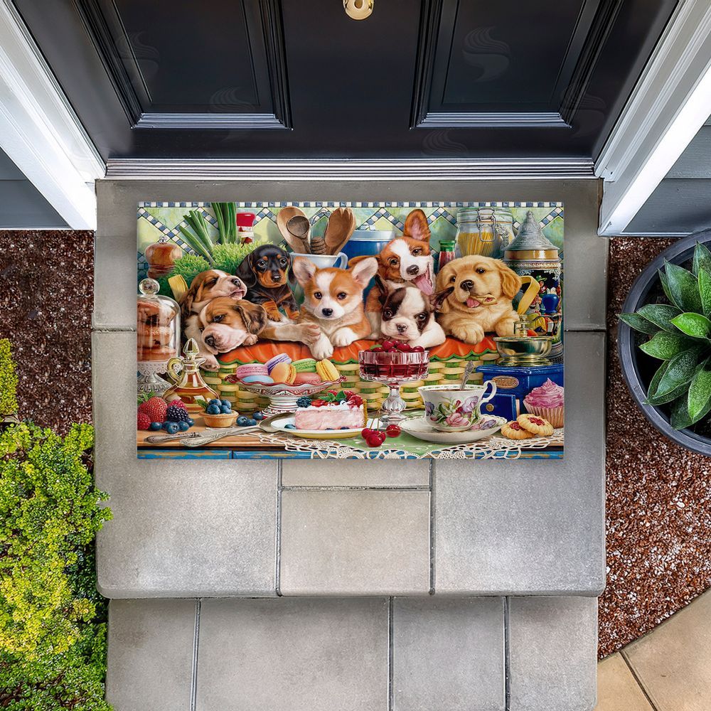 Image World Puppies In Basket Tea Party Unwoven Outdoor Door Mat