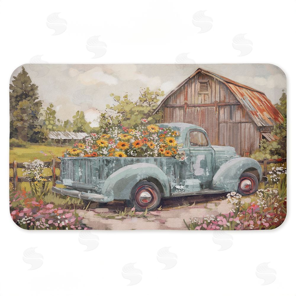 Nina Blue Vintage Truck With Flowers Kitchen Floor Mat
