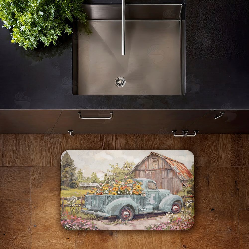 Nina Blue Vintage Truck With Flowers Kitchen Floor Mat