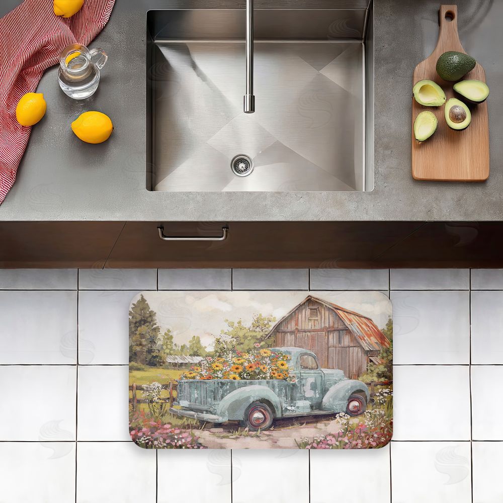 Nina Blue Vintage Truck With Flowers Kitchen Floor Mat