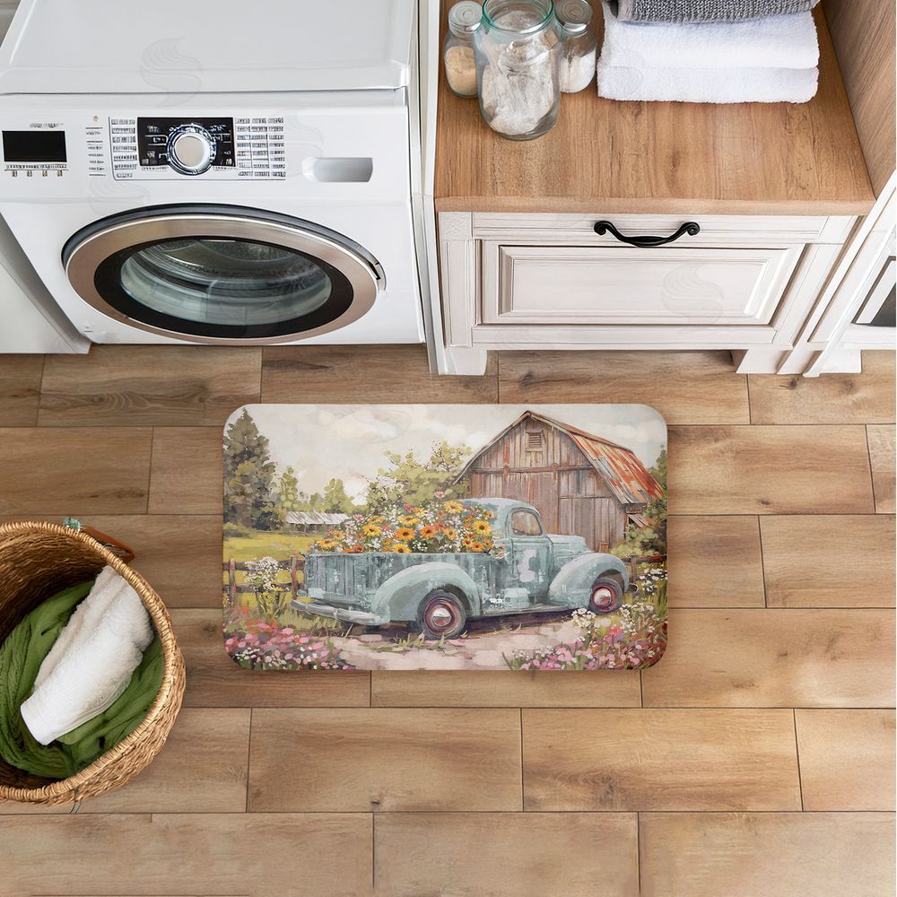 Nina Blue Vintage Truck With Flowers Kitchen Floor Mat
