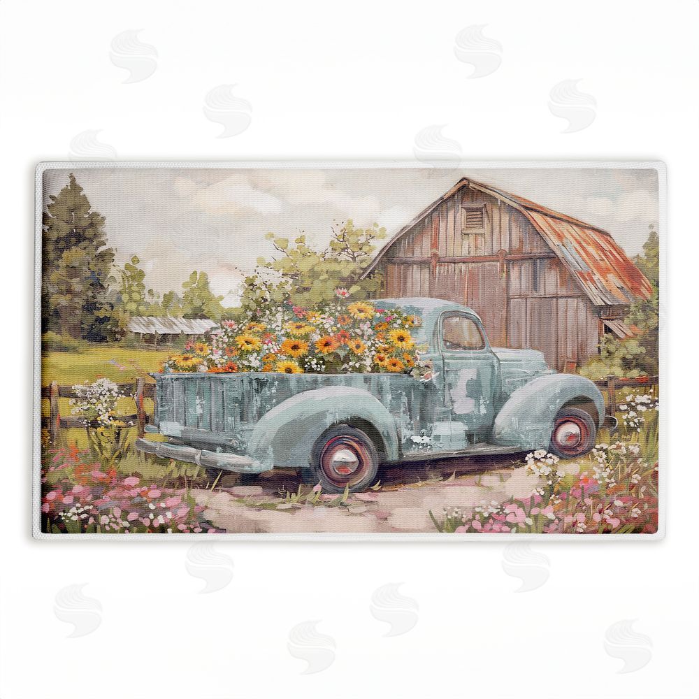 Nina Blue Vintage Truck With Flowers Plush Bathroom Floor Mat