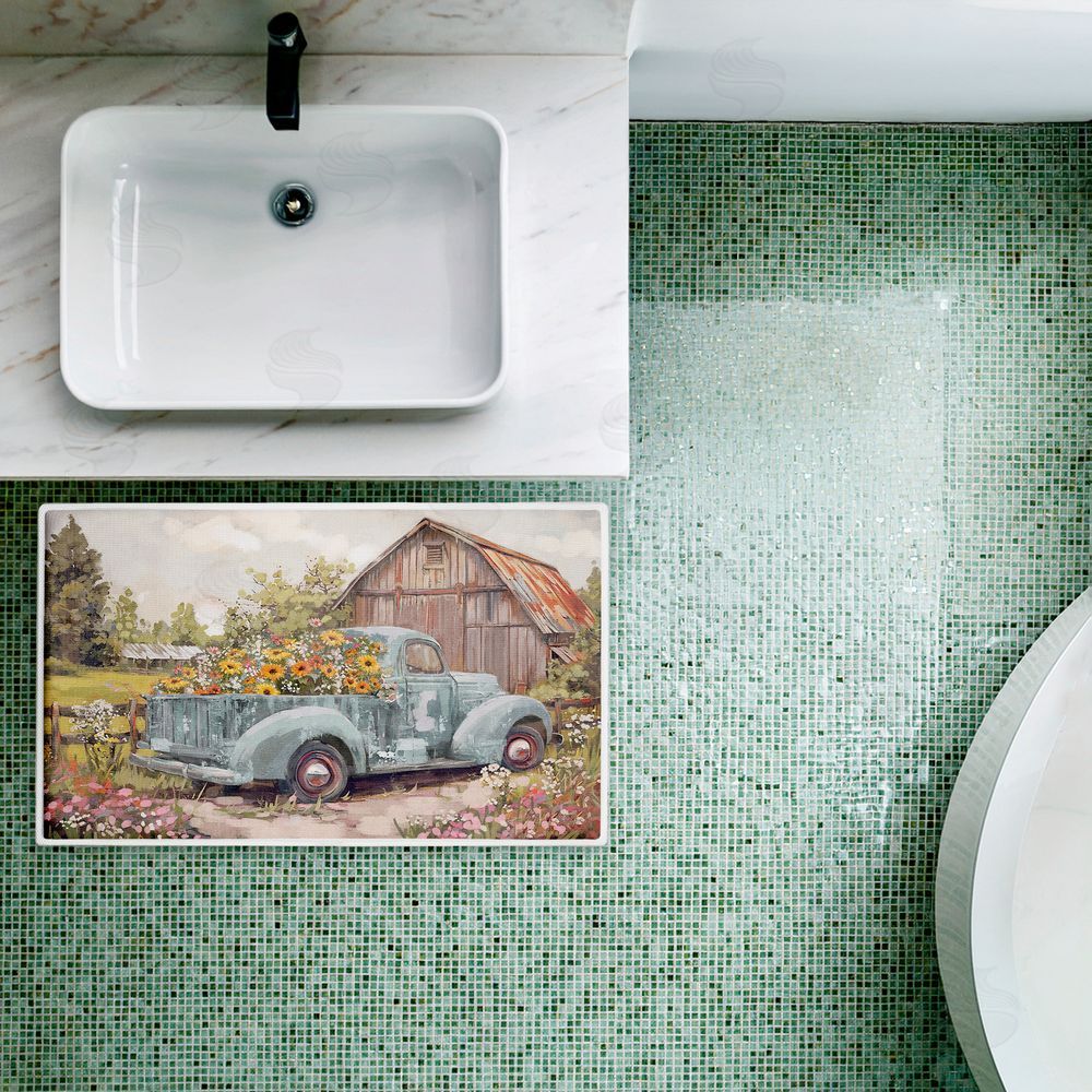 Nina Blue Vintage Truck With Flowers Plush Bathroom Floor Mat