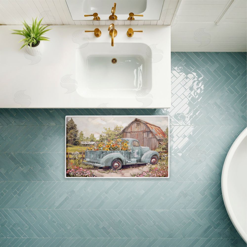 Nina Blue Vintage Truck With Flowers Plush Bathroom Floor Mat
