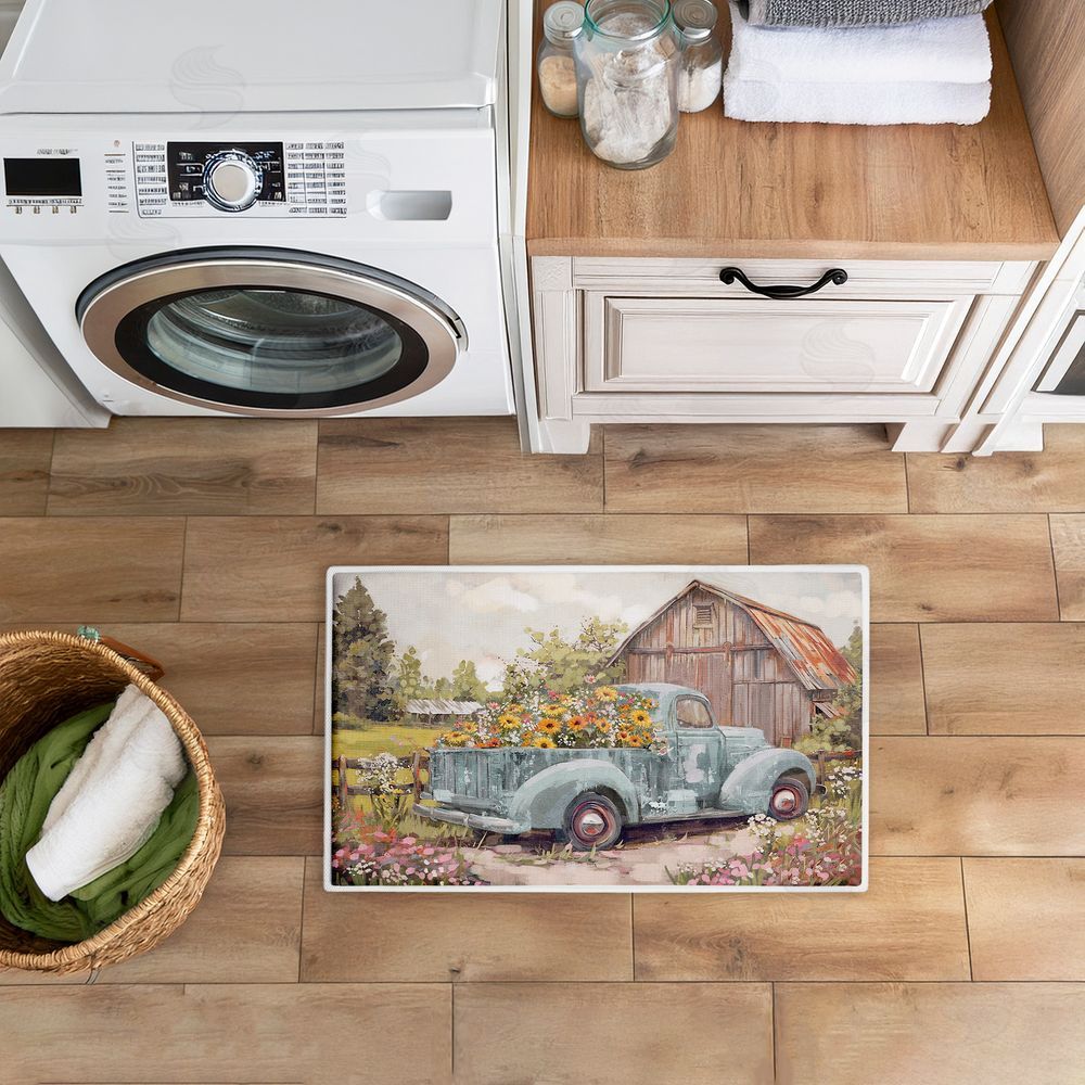 Nina Blue Vintage Truck With Flowers Plush Bathroom Floor Mat