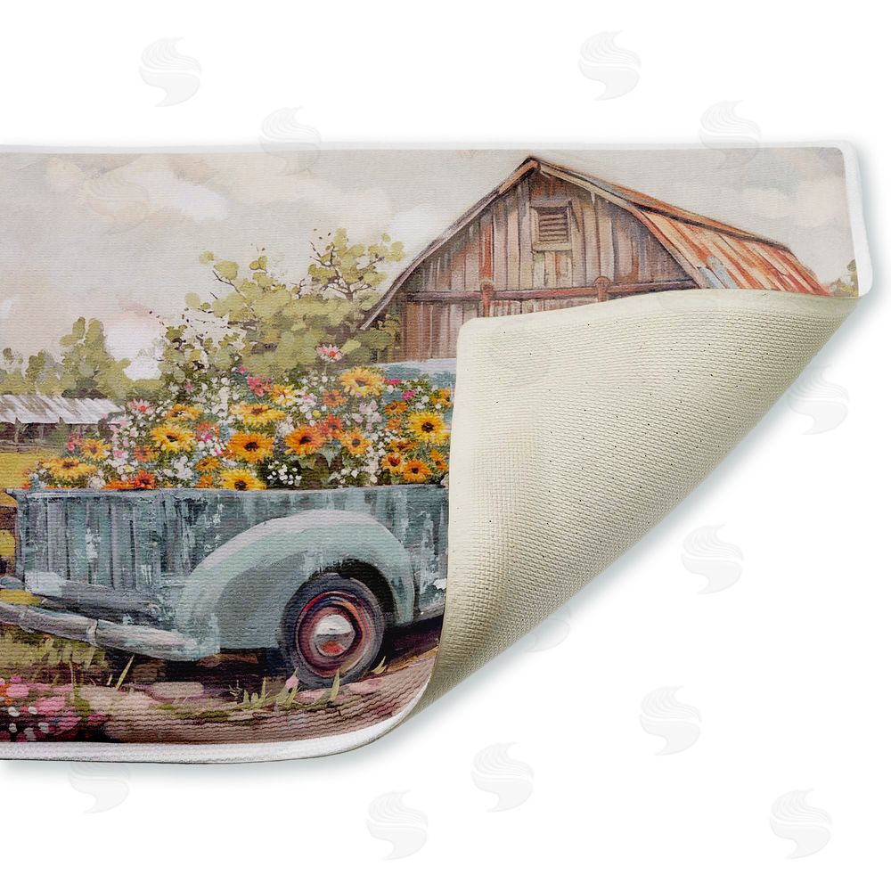 Nina Blue Vintage Truck With Flowers Plush Bathroom Floor Mat