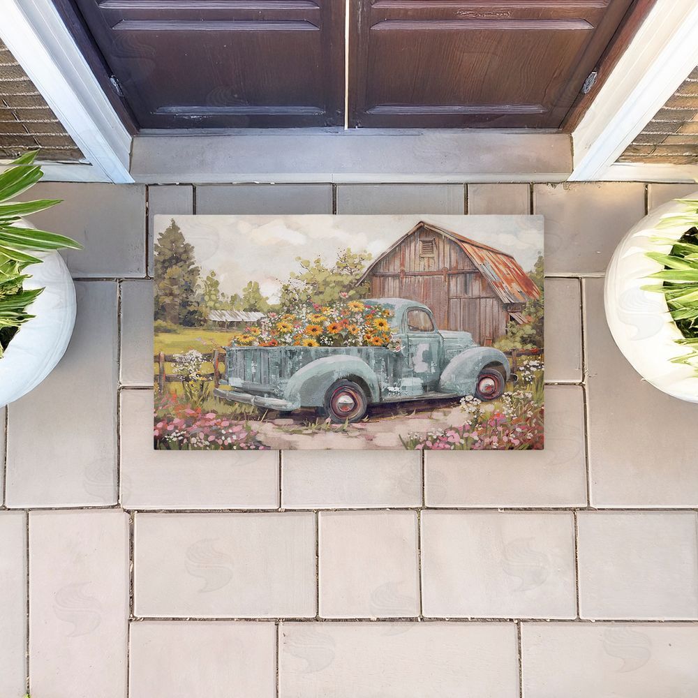 Nina Blue Vintage Truck With Flowers Unwoven Outdoor Door Mat